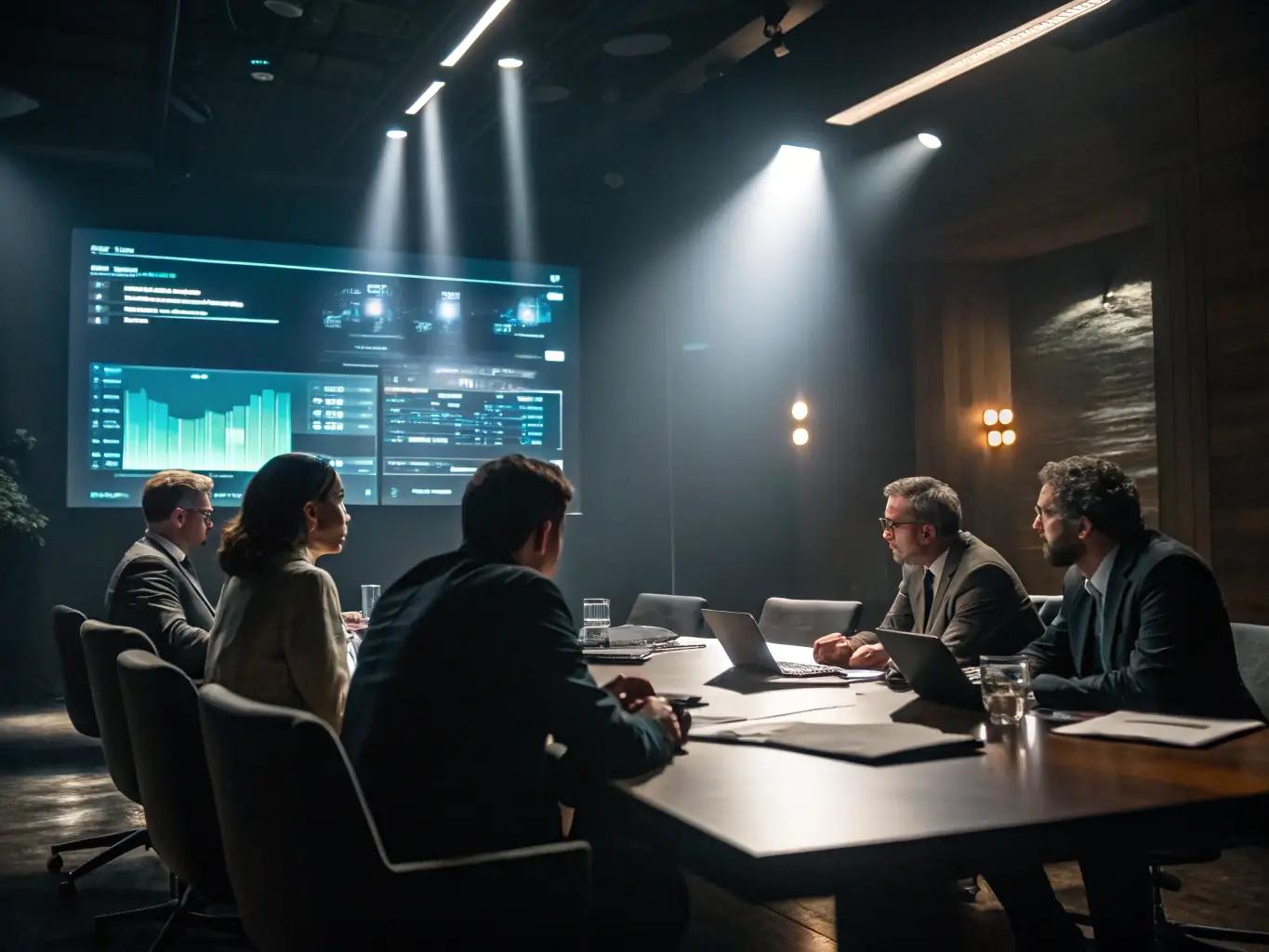 A business meeting with AI-driven insights and analytics displayed on a screen, representing data-driven decision-making.