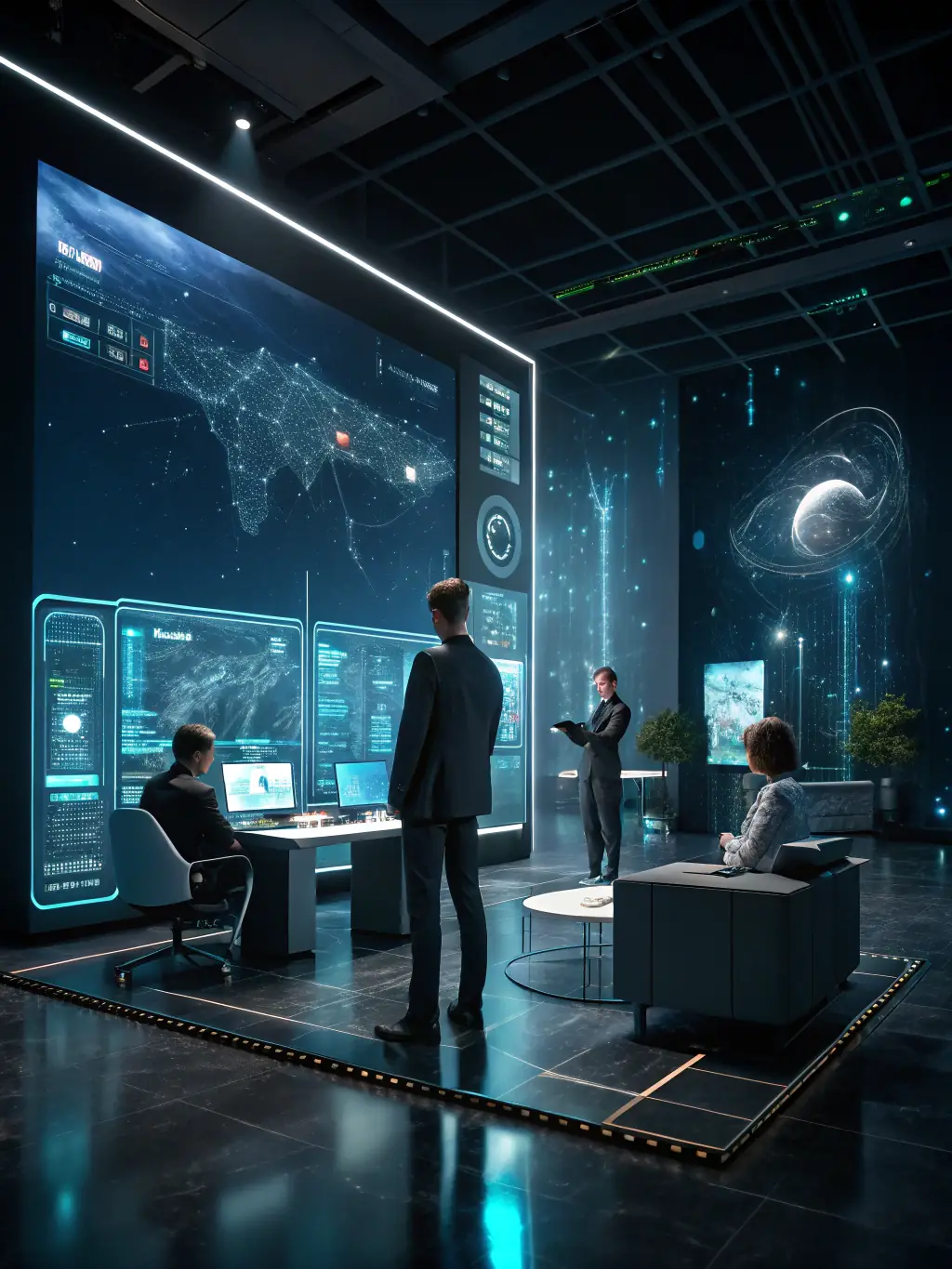 A digital illustration of a custom AI agent assisting a business team with data analysis, displayed in a modern office setting.