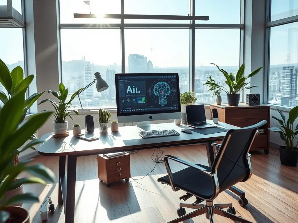 A professional workspace featuring a digital assistant interface, symbolizing AI agents at work, assisting with various business tasks.