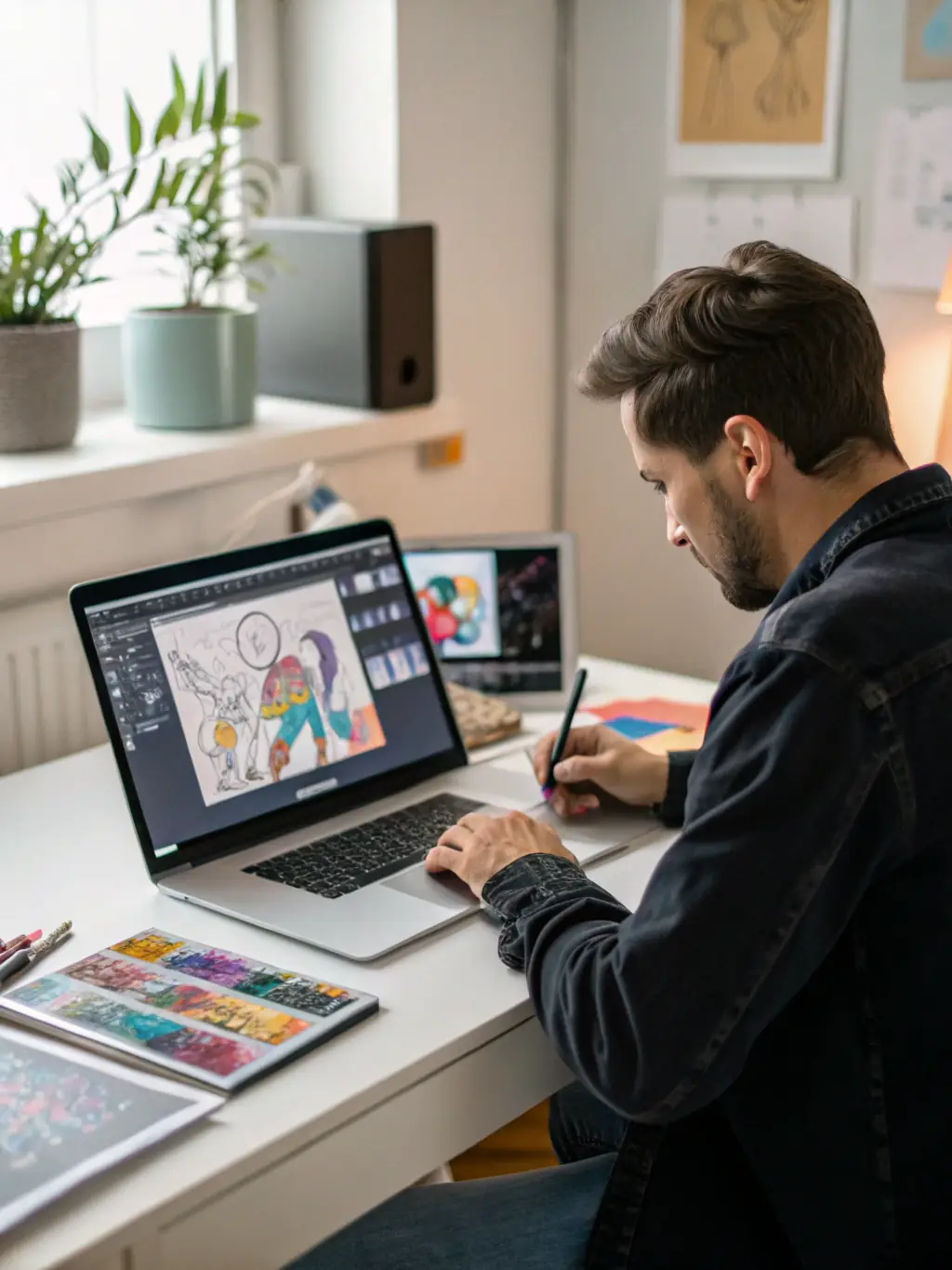 A digital artist uses a generative AI tool on a tablet to create a unique piece of art, showcasing the creative potential of Secnds AI's generative tools.