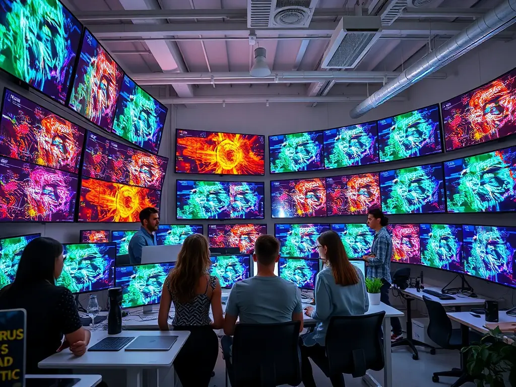 A creative studio environment with generative AI tools displayed on screens, showcasing the creation of various digital assets.